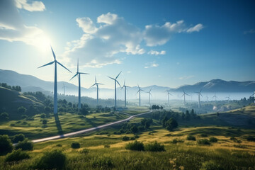 Obraz premium Windmills. Green ecological energy. Renewable energy sources. AI generation