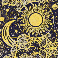 Solar system with sun, stars, planets and clouds. Textured hand-drawn seamless pattern. Dark blue print with night sky and yellow illustration for fabric, paper, background