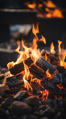 Bright orange flashes of fire from a bonfire on coals