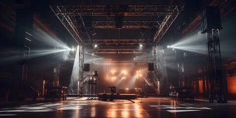 Fototapeta na wymiar A Live stage production being built in an old warehouse. Stage rigging equipment, lighting trusses, and PA systems being carried in