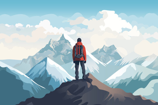 Climbing mountains. The man on the top of the mountain looks at the beautiful landscape of the mountains. The concept of mountain tourism, travel and hiking. Vector illustration.