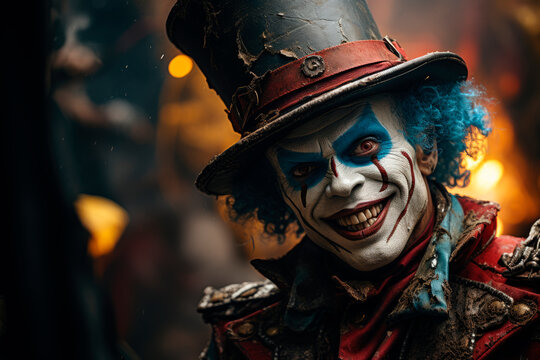 A smiling freaky circus clown with a hat