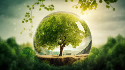 The growth of a tree in a glass ball in nature. the concept of eco-earth day. Generative.