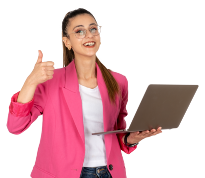 Young brunette employee business woman  classic formal pink jacket hold using laptop show thumb up gesture. Using computer chat online, browse internet. Isolated transparent png image. - Powered by Adobe