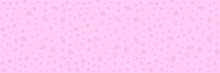 Vector doodle seamless pattern. Tiny elements hand drawn hearts, lips, kisses, speech bubbles, letters and geometric items pink color background. Tiny elements repeatable backdrops.
