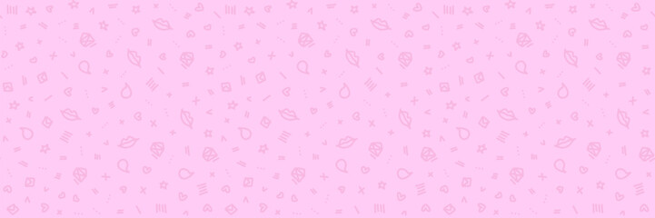 Vector doodle seamless pattern. Tiny elements hand drawn hearts, lips, kisses, speech bubbles, letters and geometric items pink color background. Tiny elements repeatable backdrops.