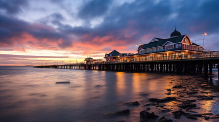 a beautiful jetty on the water next to a small harbor in the evening in the blue hour. Generative AI