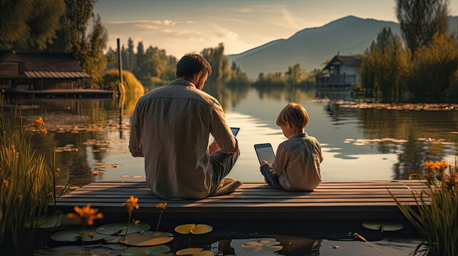 father and his son are sitting on a wooden pier by a lake and are looking at something on their tablet computer. Generative AI