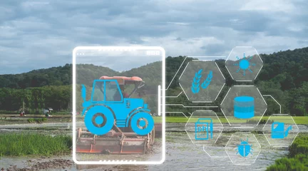 Foto op Canvas IOT smart industry robot 4.0 agriculture concept.Autonomous tractor working in farm.Smart farming and digital transformation in agriculture. Controls autonomous tractor in farm. © Rawat