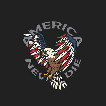 American Bald eagle with USA flag at wing vintage retro vector illustration