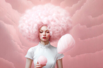 Beautiful woman with stick yummy cotton candy on pink background - obrazy, fototapety, plakaty