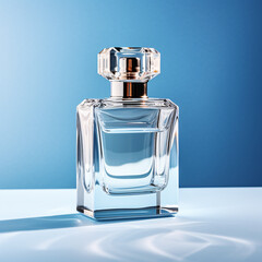 Simple and refreshing perfume bottle on light blue background