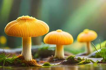 Cute yellow mushrooms with blurred background generative AI