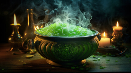 A witch's cauldron bubbling with mysterious green potion surrounded by flickering candles. Generative AI