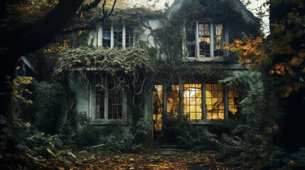 An abandoned and decrepit haunted house with broken windows and overgrown vines. Generative AI