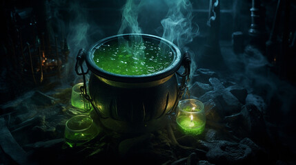 A witch's cauldron bubbling with mysterious green potion surrounded by flickering candles. Generative AI