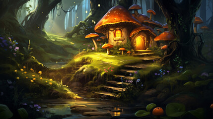 A witch's cabin deep in the woods, surrounded by magical plants and glowing mushrooms. Generative AI