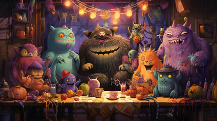 A group of friendly monsters hosting a Halloween costume party, surrounded by festive decorations. Generative AI