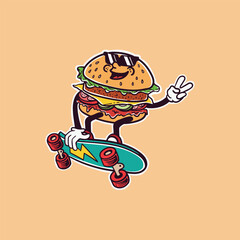 Basic RGBcartoon burger character illustration playing skateboard