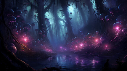 A spooky forest with bioluminescent creatures and mysterious glowing orbs floating in the air. Generative AI