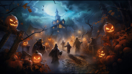 A group of trick-or-treaters encountering friendly but spooky ghosts while exploring a haunted maze. Generative AI