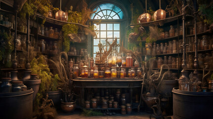 A witch's apothecary filled with shelves of magical ingredients and potions in dusty bottles. Generative AI - obrazy, fototapety, plakaty