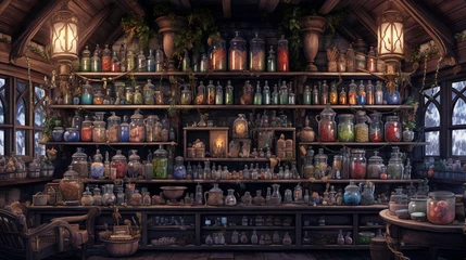 Deurstickers A witch's apothecary filled with shelves of magical ingredients and potions in dusty bottles. Generative AI © Maksym