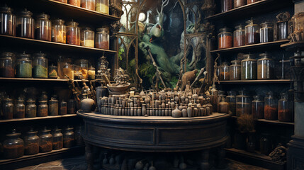 A witch's apothecary filled with shelves of magical ingredients and potions in dusty bottles. Generative AI