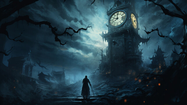 A haunted clock tower with gears turning and a ghostly figure ringing the bell at midnight. Generative AI