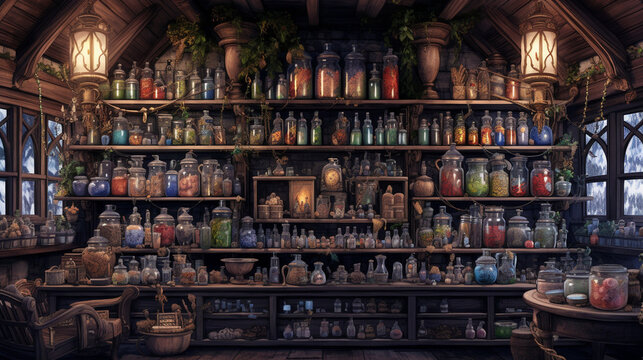 A witch's apothecary filled with shelves of magical ingredients and potions in dusty bottles. Generative AI