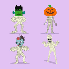 Free vector hand drawn halloween mummy collection. Cute halloween character set