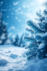 Winter Wonderland Christmas Scenic Background with Abundant Copy Space. Close-Up Snowy Landscape Showcasing Freshly Covered Spruce Branches, Glistening Snowdrifts, and Whirling Falling Snow in a Seren