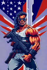 A vibrant, high-detail vector illustration of an American man soldier with a front view of a powerful weapon