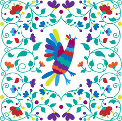 Mexican otomi embrodery seamless pattern. Colorful Mexican Traditional Textile Embroidery Style. Folk otomi style graphic, wallpaper. Festive mexican floral motif.