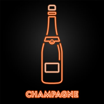 bottle of champagne neon sign, modern glowing banner design, colorful modern design trend on black background. Vector illustration.