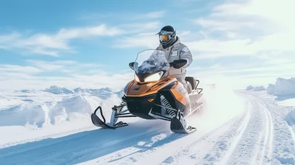 Fotobehang Snowmobiling in the snowy Arctic. Generative AI © Irina
