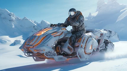 Fotobehang Futuristic snowmobile in the Arctic snows. Generative AI © Irina