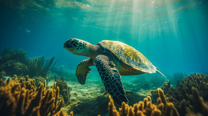 Fototapeta na wymiar Sea turtle underwater, blue clear water, sun's rays make their way through water. Underwater world. Sea inhabitants. Generated by AI