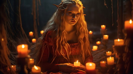 Fototapeta premium In a hidden underground temple, a girl with intricate, luminescent markings on her skin reads ancient prophecies by candlelight.
