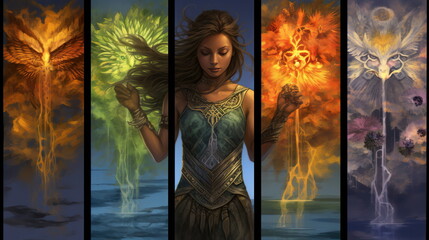 a girl embodying the elements – earth, air, fire, and water. Each element could be represented in her clothing