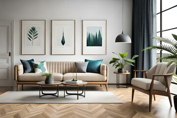 Living room interior with mock up poster frame, beige sofa, wooden consola, rattan sideboard, plants