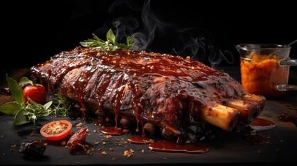 smoky barbeque ribs with barbeque sauce and chopped vegetables on a wooden table