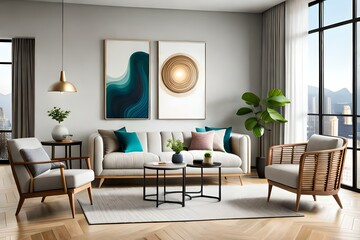 Living room interior with mock up poster frame, beige sofa, wooden consola, rattan chairs, plants