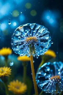 The Incredible Impact of Water Drops on a Dandelion Macro Flower, Ilustrator AI 