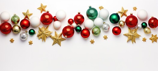 Merry Christmas composition with red and gold decorations on a snowy white background.