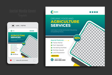 Organic food and agriculture service for social media cover or post design template, modern lawn mower garden, or landscaping service with green gradient background and abstract yellow color shape