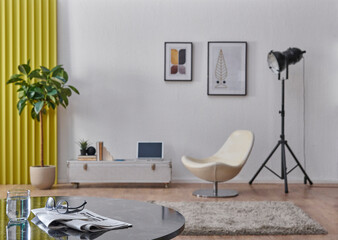 Obraz premium Grey stone wall background, home design, interior decor, sofa rocking chair, frame lamp and cabinet, close up table and laptop.