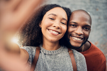 Face, interracial couple and selfie outdoor, happy and bonding together for memory in urban city. Portrait, smile and African man and woman with profile picture, photography and social media on date