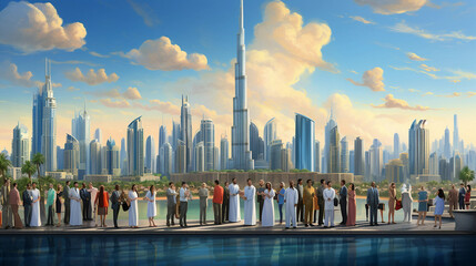 a group of skilled people from all different professions standing in front of Dubai city