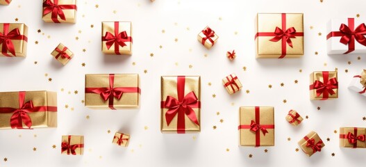 Tastefully decorated gifts in a festive flat lay. Concept of joyous celebrations and exchanging presents during Christmas.